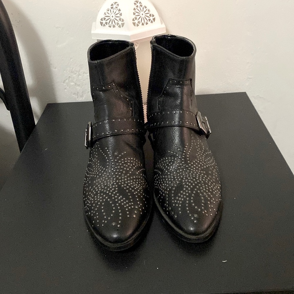 ZARA | Cowboy Heel Leather Ankle Micro Stud Boots